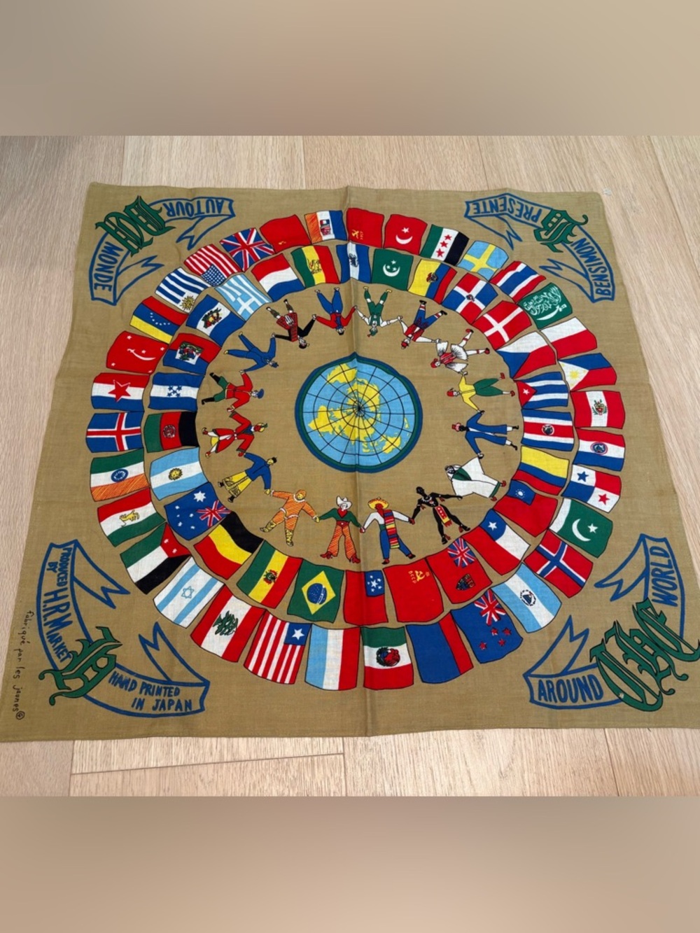 NWOT Cotton Camel Square 100% cotton Scarf printed in Japan. 20.5 x 20.5